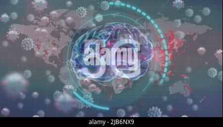 Image of scope scanning with 5g text and virus cells over brain Stock Photo