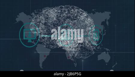 Image of rotating brain over icons integrated circuit and world map ...