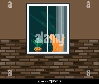 window and a cat. The brick wall of the house in a cozy shade is pleasing to the eye. In the window you can see a ginger cat and a flowerpot. Stock Vector