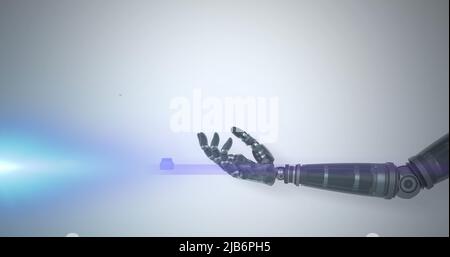 Image of network processing data over hand of robot arm, with moving light on grey background Stock Photo