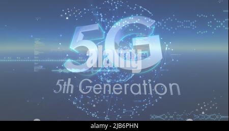 Image of icons, data processing and 5g over globe and blue background Stock Photo