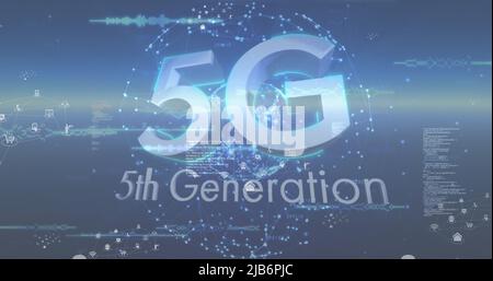 Image of icons, data processing and 5g over globe and blue background Stock Photo