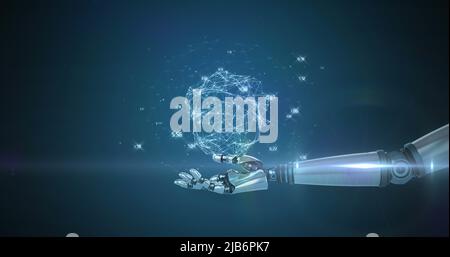 Image of network processing data over hand of robot arm, with moving light on dark background Stock Photo
