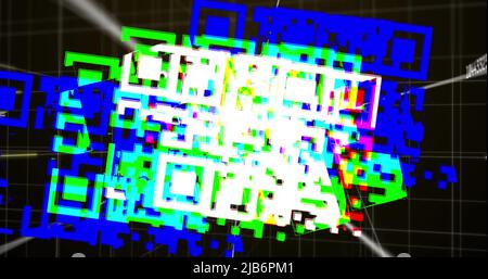 Digital image of qr code scanner and changing numbers over grid network against brown background Stock Photo