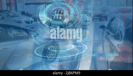Image of question marks, data processing and gear over cars Stock Photo