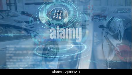 Image of question marks, data processing and gear over cars Stock Photo