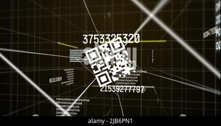 Digital image of qr code scanner and changing numbers over grid network against brown background Stock Photo