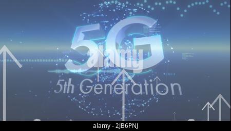 Image of arrows, data processing and 5g over globe in navy space Stock Photo