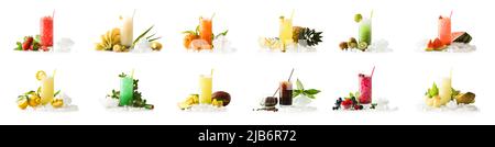 Well decorated iced fruit drink collection on white isolated background. Stock Photo
