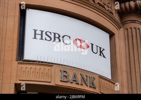 HSBC UK bank sign on the exterior of its branch in Lincoln, Lincolnshire, UK. Stock Photo