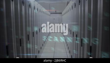 Image of cyber attack warning text and numbers processing over computer servers Stock Photo