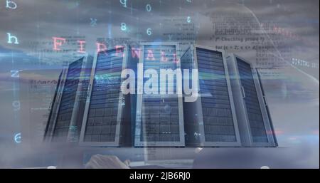 Image of cyber attack warning and data processing over computer servers Stock Photo