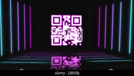 Image of qr code flashing over neon stripes Stock Photo