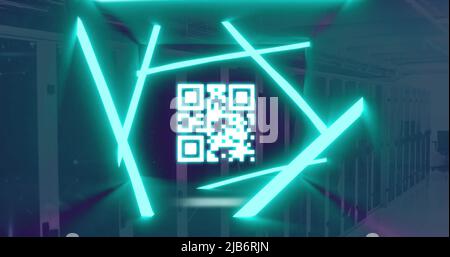 Image of qr code flashing with neon green lights over computer servers Stock Photo