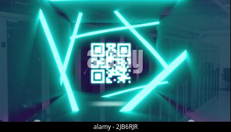 Image of qr code flashing with neon green lights over computer servers Stock Photo