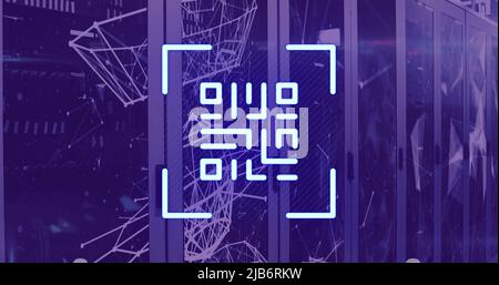 Image of qr code flashing over computer servers Stock Photo