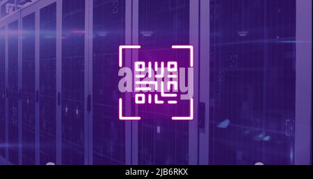 Image of qr code flashing over computer servers Stock Photo