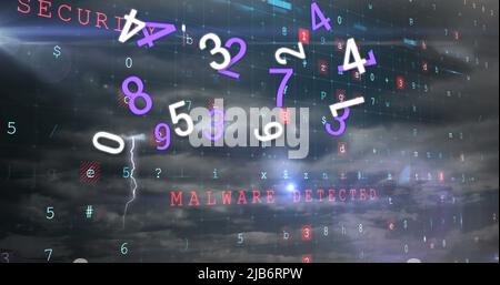 Image of numbers and computer code processing over cloudy sky Stock Photo