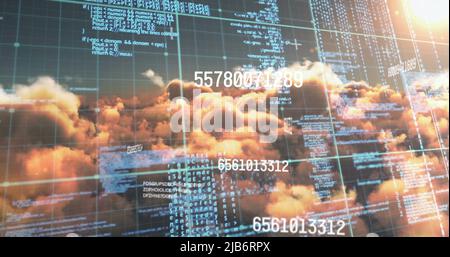 Image of numbers and computer code processing over sunset sky Stock Photo