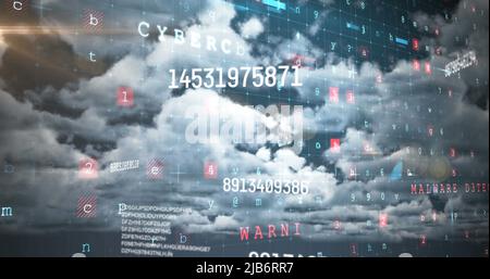 Image of numbers and computer code processing over cloudy sky Stock Photo