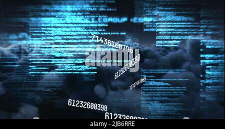 Image of blue numbers and computer code processing over cloudy sky Stock Photo