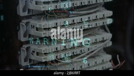 Image of data processing with cyber attack warning over computer server Stock Photo