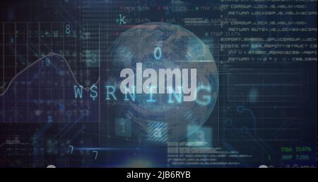 Image of cyber attack warning over globe and data processing Stock Photo