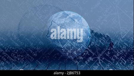 Image of mathematical equations over globe Stock Photo