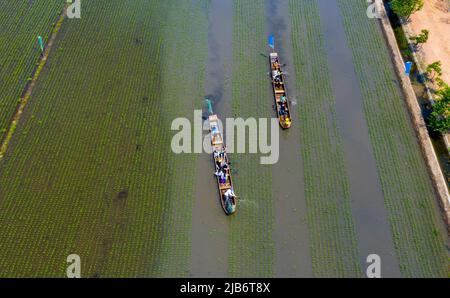 SHENYANG, CHINA - JUNE 3, 2022 - A mud dragon boat race is held at daomeng Space in Shenyang, Liaoning Province, China, June 3, 2022. In the Xibo town Stock Photo