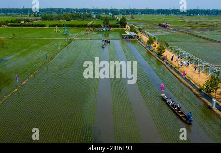 SHENYANG, CHINA - JUNE 3, 2022 - A mud dragon boat race is held at daomeng Space in Shenyang, Liaoning Province, China, June 3, 2022. In the Xibo town Stock Photo