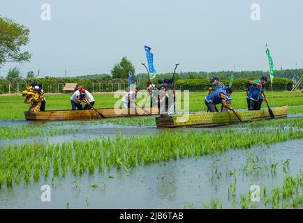 SHENYANG, CHINA - JUNE 3, 2022 - A mud dragon boat race is held at daomeng Space in Shenyang, Liaoning Province, China, June 3, 2022. In the Xibo town Stock Photo