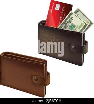Black and brown leather wallets with credit card and bank notes isolated vector illustration Stock Vector