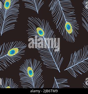 Aeathetic peacock feathers seamless pattern. Tropical bird feathers background. Peacock eye and plumes abstract design for textile fabric cover vector Stock Vector