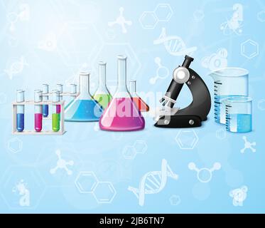 Scientific chemistry physics research education laboratory equipment elements on formulas background vector illustration Stock Vector