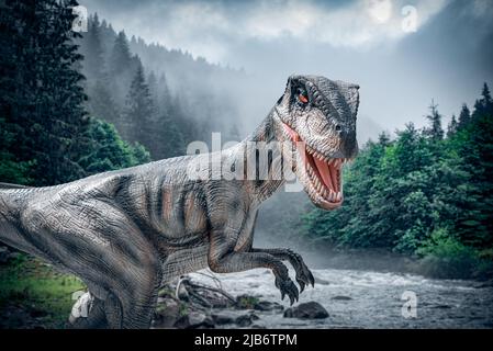 Dinosaur on the background of a forest. Stock Photo