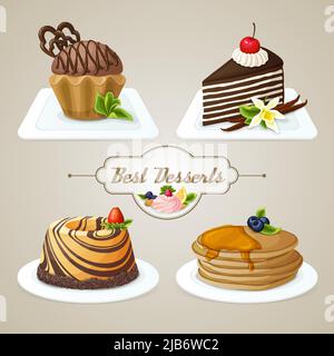 Decorative sweets food dessert set of muffin pan layered cake brioche vector illustration Stock Vector