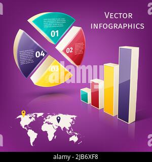 Abstract 3d pie chart columns and map business infographics layout template vector illustration Stock Vector