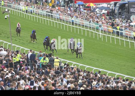 Epsom Downs, Surrey, UK. 3rd June, 2022. Hukum, (no.2) wins the Coronation Cup with Jim Crowley up at the Cazoo Derby Festival. Credit: Motofoto/Alamy Live News Stock Photo