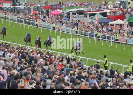 Epsom Downs, Surrey, UK. 3rd June, 2022. Hukum, (no.2) wins the Coronation Cup with Jim Crowley up at the Cazoo Derby Festival. Credit: Motofoto/Alamy Live News Stock Photo