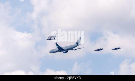Royal Air Force aircrafts perform a fly-past during the celebration of Britain's Queen Elizabeth's Platinum British Jubilee, in London Stock Photo