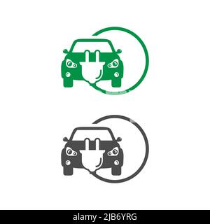 Electric car with sticker icon symbol, EV car, green hybrid vehicle charging point logotype.EPS 10 Stock Vector