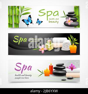 Realistic spa beauty health care banner set with stones towels candles isolated vector illustration Stock Vector