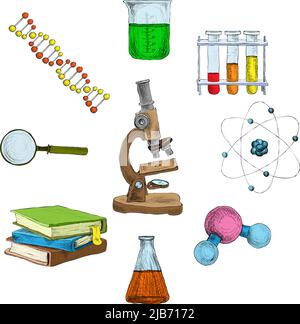 Science decorative elements icons set with microscope dna flasks books isolated vector illustration Stock Vector