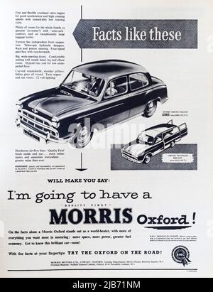 A 1950s magazine advertisement for Morris Oxford cars. Stock Photo