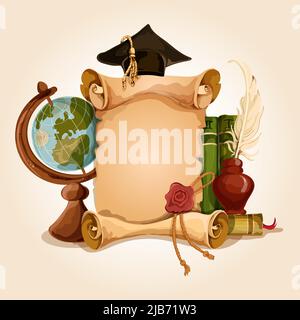 College university old style vintage graduation diploma certificate with globe and books vector illustration Stock Vector