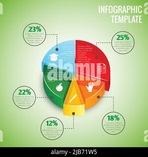 Colored abstract 3d pie chart education infographic element with sector labels vector illustration Stock Vector