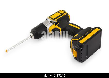 cordless battery screwdriver drill with wall bit, colored black and yellow isolated on white background Stock Photo