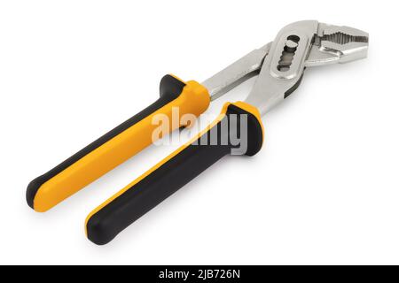 Pipe plumber wrench, tool for construction or industrial works, colored in black and yellow isolated on white background. Stock Photo