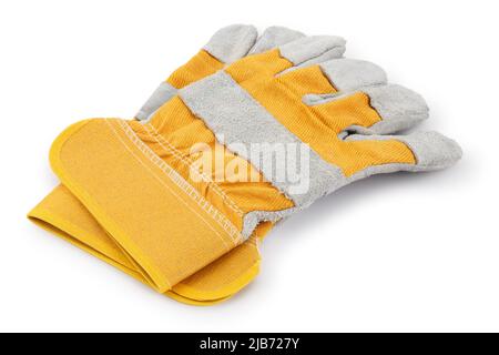 safety work gloves for building or industrial job, colored in grey and yellow isolated on white background. Stock Photo