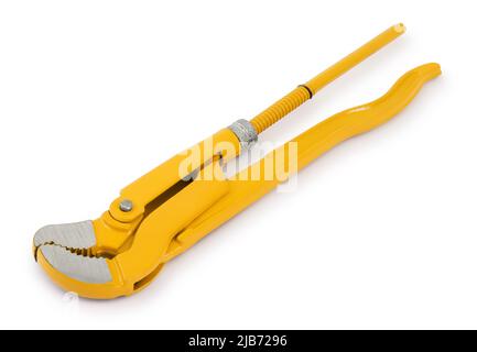 Pipe plumber wrench, tool for construction or industrial works, colored in yellow isolated on white background. Stock Photo